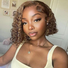 Honey Blonde Piano Highlights Short Bob Wigs Breathable Pixie Style 100% Human Hair