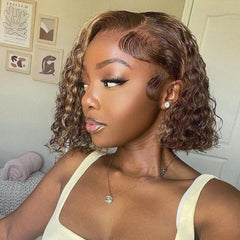 Honey Blonde Piano Highlights Short Bob Wigs Breathable Pixie Style 100% Human Hair