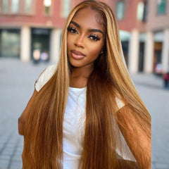 Straight Honey Blonde Wig with Piano Highlights Human Hair Wigs