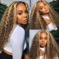 Honey Blonde Piano Highlights Color Deep Wave Curly Human Hair Wig
