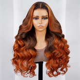 Ombre Brown to Ginger Color Wavy Wigs 100% Human Hair