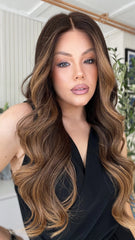 Caramel Highlights Wavy Wigs 100% Real Human Hair for Caucasian 180% Density