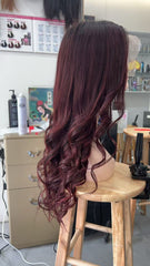 Burgundy Body Wave Human Hair Wig for White Women 200% Density Straight Lace Front Wig