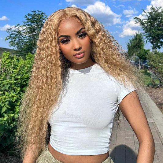 #27 Light Brown Colored Wig Water Wave Curly Human Hair Wigs Free Part