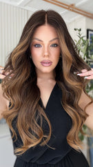 SULMY Caramel Highlights Wavy Wigs 100% Real Human Hair for Caucasian 180% Density