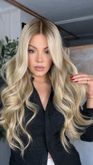 SULMY Ashy Blonde Wigs with Dark Roots 100% Real Human Hair for Caucasian 180% Density