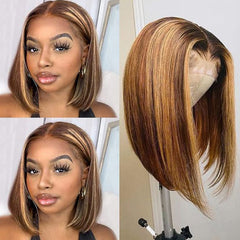 Honey Blonde Highlights Color Short Bob Straight Human Hair Wig