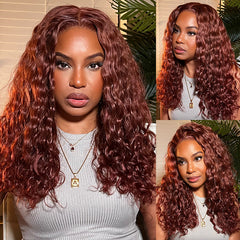 Water Wave Curly Auburn Reddish Brown Color Wig 100% Human Hair