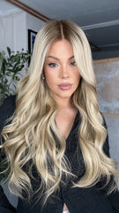 SULMY Ashy Blonde Wigs with Dark Roots 100% Real Human Hair for Caucasian 180% Density