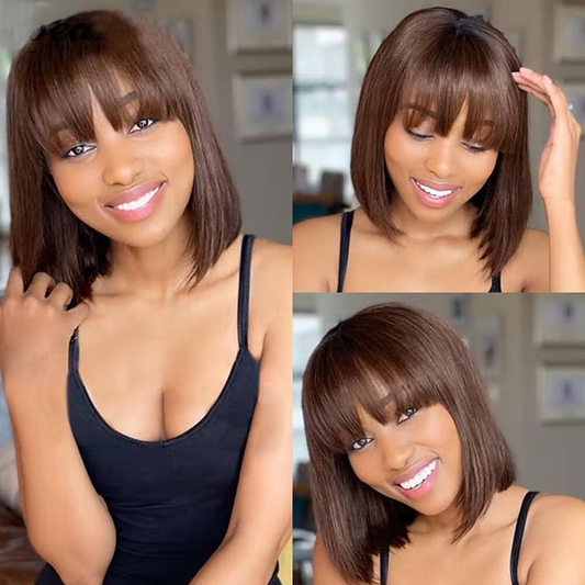 Chestnut Brown Color Bob Straight Wigs with Bangs 100% Human Hair