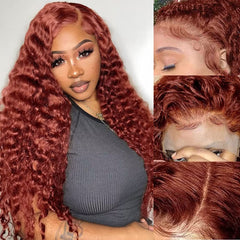 Water Wave Curly Auburn Reddish Brown Color Wig 100% Human Hair