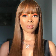 Chestnut Dark Brown Color Wig Bangs #4 Colored Wig Protective Style Human Hair Wigs