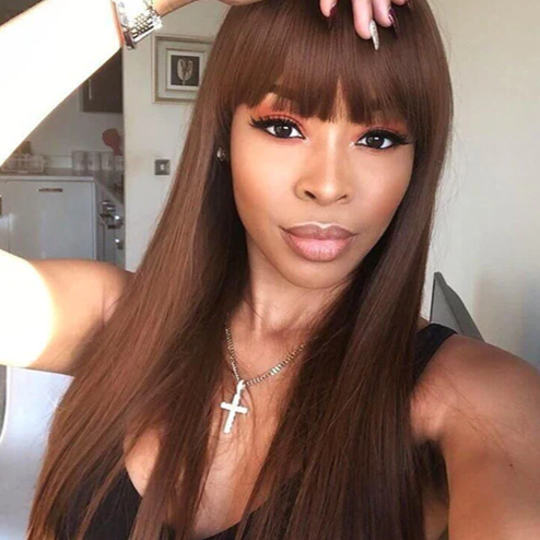 Chestnut Dark Brown Color Wig Bangs #4 Colored Wig Protective Style Human Hair Wigs