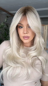 White Blonde Wigs with Dark Roots 100% Real Human Hair for Caucasian 180% Density