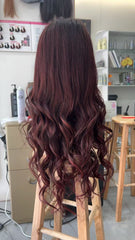 Burgundy Body Wave Human Hair Wig for White Women 200% Density Straight Lace Front Wig