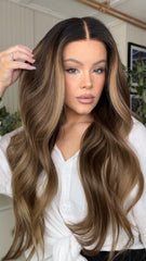SULMY Brown Highlights Wavy Wigs 100% Real Human Hair for Caucasian 180% Density