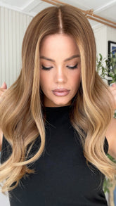 Brown Blonde Highlights Wavy Wigs 100% Real Human Hair for Caucasian 180% Density