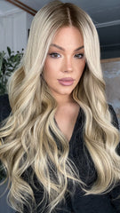 SULMY Ashy Blonde Wigs with Dark Roots 100% Real Human Hair for Caucasian 180% Density