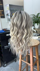 Handmade Ash Blonde Curly Lace Wig with Short Bangs 100% Human Hair, Natural Look for White Women