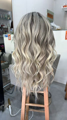 Handmade Ash Blonde Curly Lace Wig with Short Bangs 100% Human Hair, Natural Look for White Women