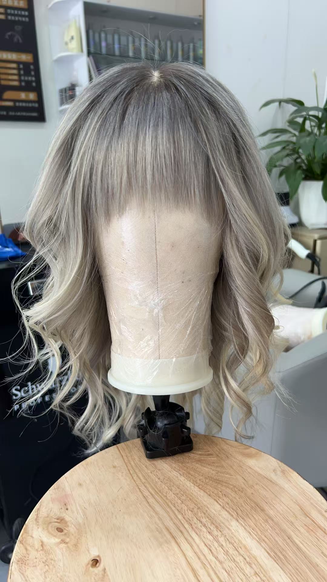 Handmade Ash Blonde Curly Lace Wig with Short Bangs 100% Human Hair, Natural Look for White Women