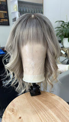 Handmade Ash Blonde Curly Lace Wig with Short Bangs 100% Human Hair, Natural Look for White Women