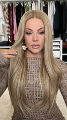 SULMY Honey Blonde Straight Wigs with Brown Roots 100% Real Human Hair for Caucasian 180% Density