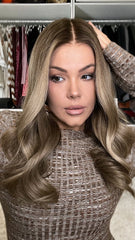 SULMY Cool Brown Highlights Wavy Wigs 100% Real Human Hair for Caucasian 180% Density