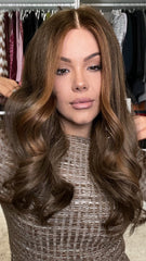 Dark Brown Highlights Wavy Wigs 100% Real Human Hair for Caucasian 180% Density