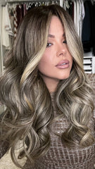 SULMY Warm Gray Highlights Wigs 100% Real Human Hair for Caucasian 180% Density