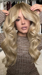 SULMY Blonde Wigs with Curtain Bangs 100% Real Human Hair for Caucasian 180% Density