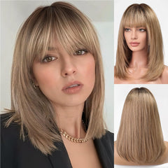 SULMY Ombre Blonde Brown Human Hair Wigs with Bangs for White Women