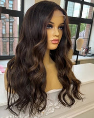 SULMY Loose Deep Wave Dark Brown Highlights Wigs for White Women 100% Human Hair