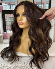SULMY Loose Deep Wave Dark Brown Highlights Wigs for White Women 100% Human Hair
