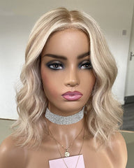 SULMY Short Bob Highlights Platinum Blonde Lace Front Wigs for White Women 100% Human Hair