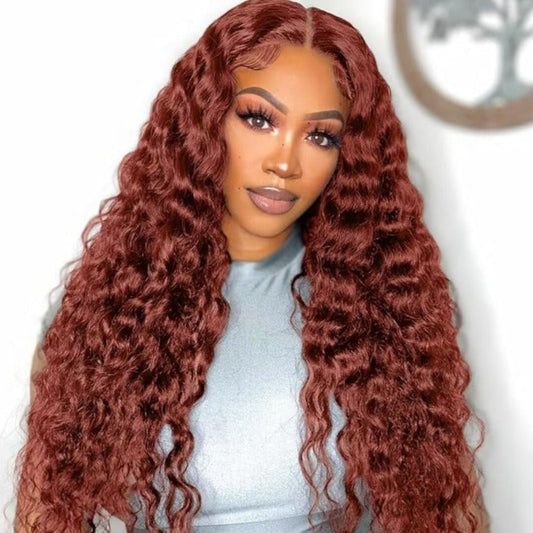 Water Wave Curly Auburn Reddish Brown Color Wig 100% Human Hair