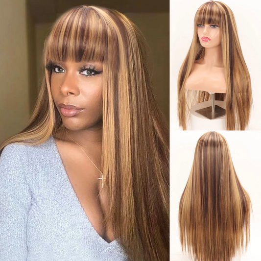 Piano Highlight Brown Color Wig with Bangs 100% Human Hair