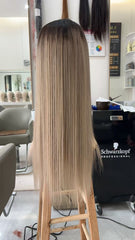 Ombre Blonde Human Hair Wig for White Women 200% Density Straight Lace Front Wig with Dark Roots