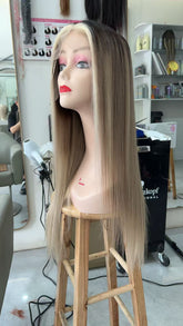Ombre Blonde Human Hair Wig for White Women 200% Density Straight Lace Front Wig with Dark Roots