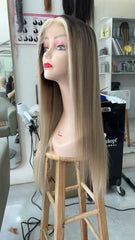Ombre Blonde Human Hair Wig for White Women 200% Density Straight Lace Front Wig with Dark Roots