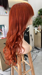 Curly Red Human Hair Wig for White Women Vibrant Ginger Lace Front Wig with Bangs