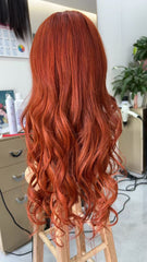 Curly Red Human Hair Wig for White Women Vibrant Ginger Lace Front Wig with Bangs