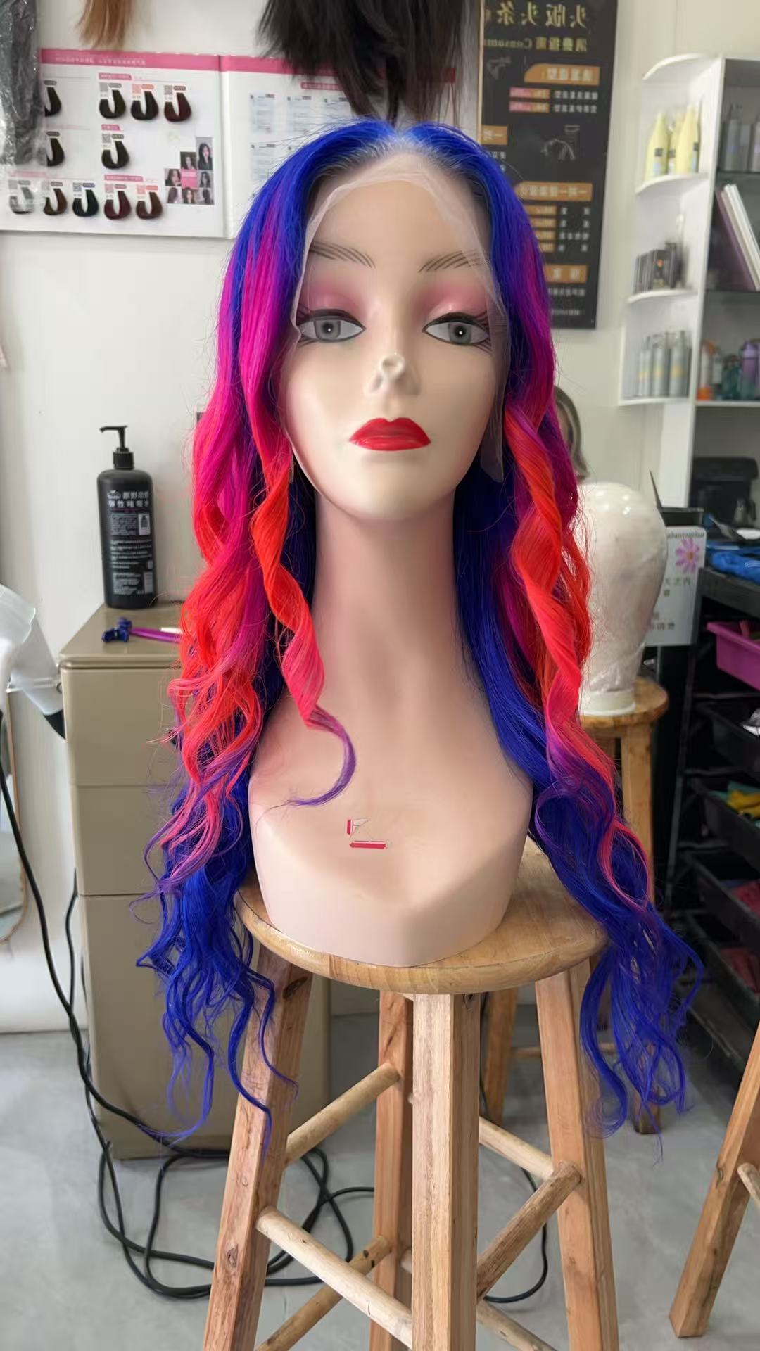 Vibrant Blue Pink Red Body Wave Human Hair Wig
