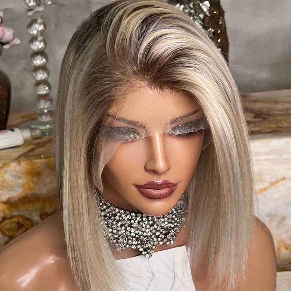 SULMY Ash Blonde Short Bob Wigs with Dark Roots 100% Human Hair