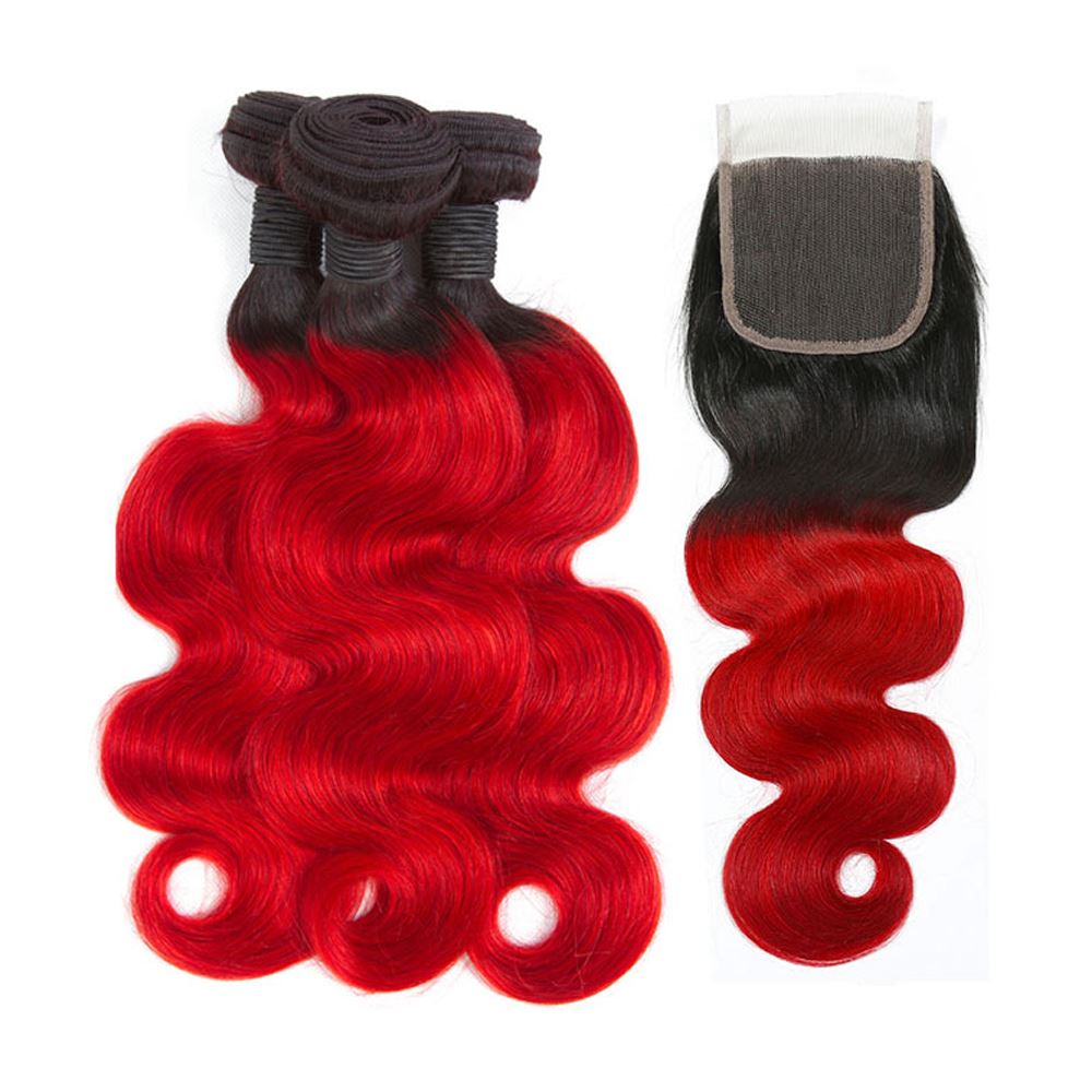 Bright Red Bundles With Closure Red Body Wave Human Hair Dark Roots | SULMY.