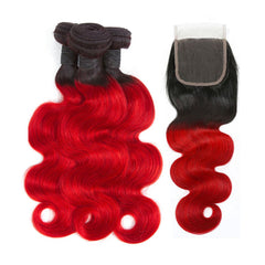 Bright Red Bundles With Closure Red Body Wave Human Hair Dark Roots | SULMY.