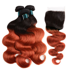 Burnt Orange Bundles With Closure Wavy Orange Human Hair Dark Roots | SULMY.