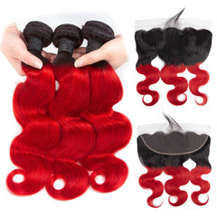 Bright Red Bundles With Frontal Red Body Wave Human Hair Dark Roots | SULMY.