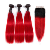 Red Bundles With Closure Straight Bright Red Human Hair Dark Roots | SULMY.