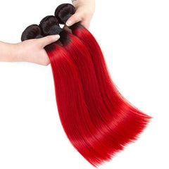 Red Bundles With Closure Straight Bright Red Human Hair Dark Roots | SULMY.